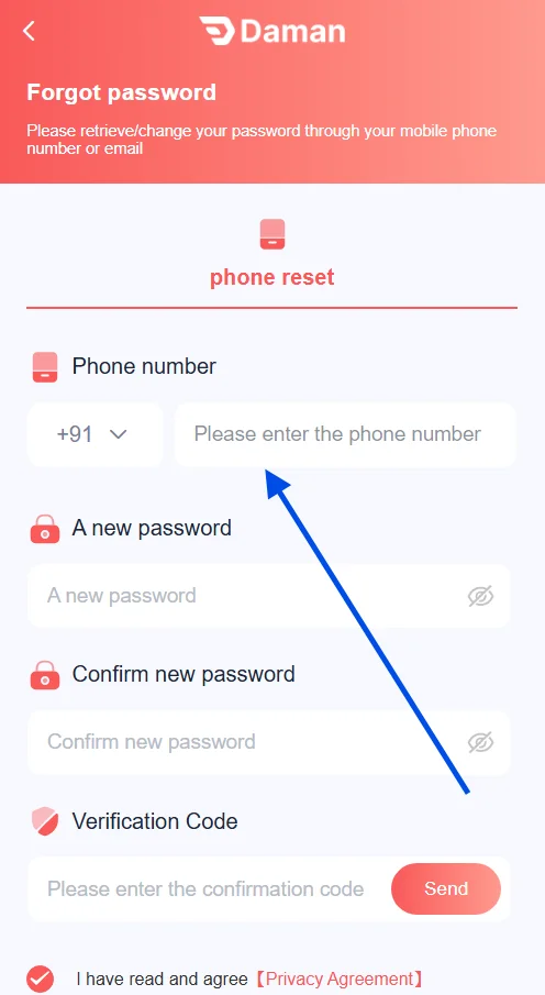 enter the registered phone number